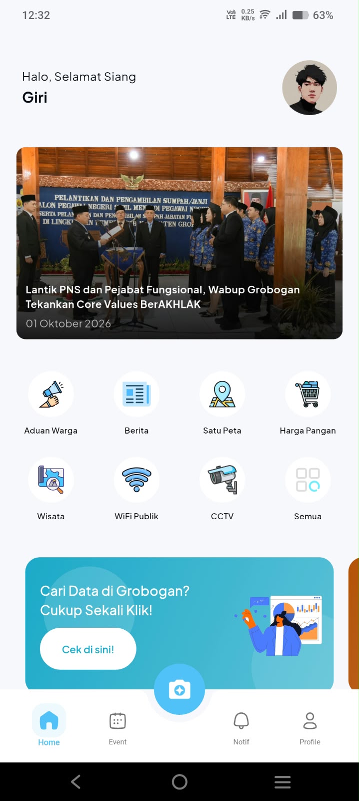 Tampilan beranda aplikasi Grobogan Smart City Mobile