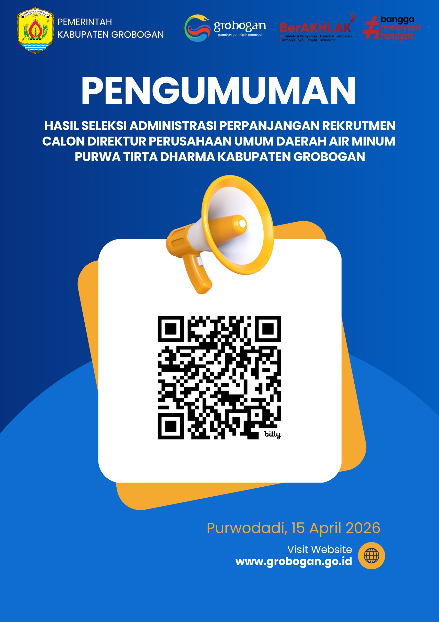 Hasil Seleksi Administrasi Perpanjangan Rekrutmen Calon Direktur Perumda Air Minum Purwa Tirta Dharma Kabupaten Grobogan Tahun 2026