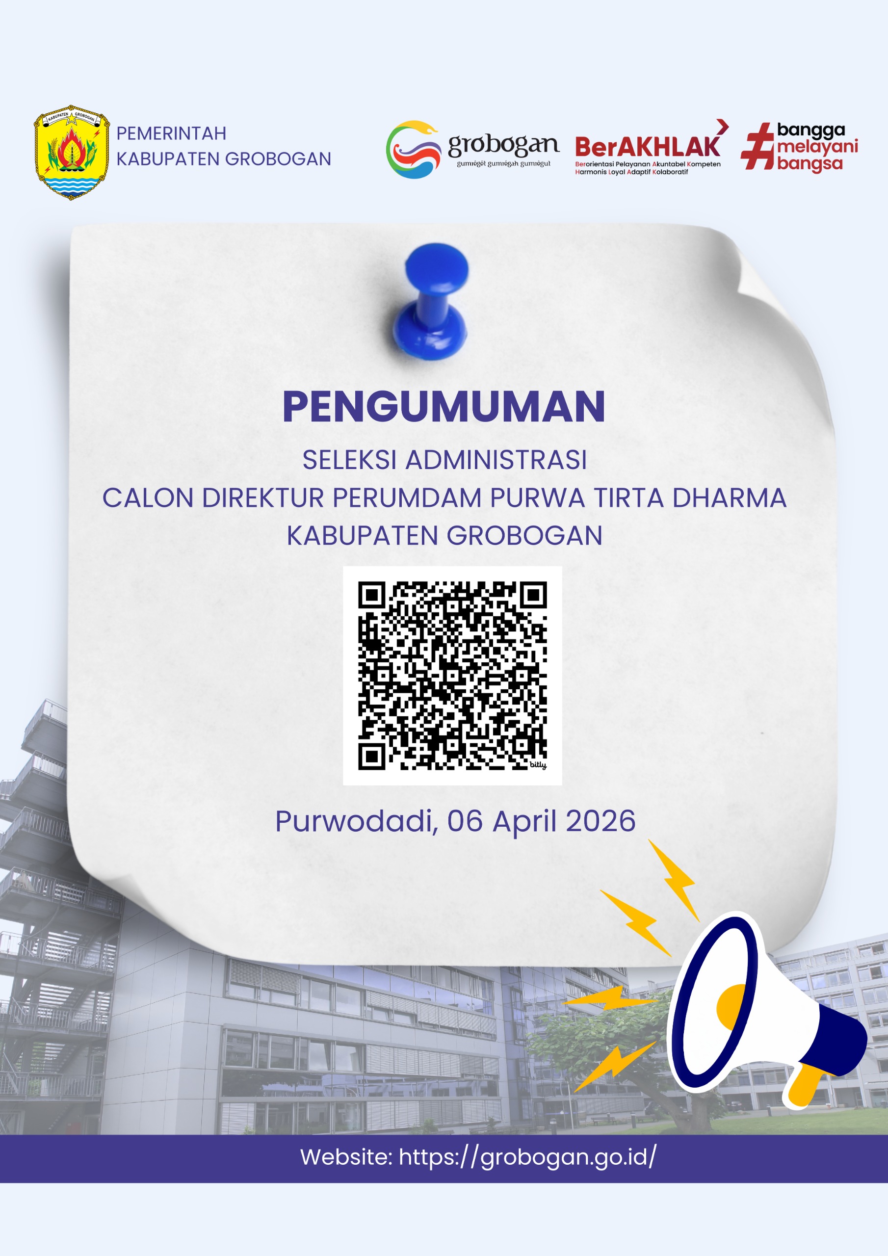 Pengumuman Hasil Seleksi Administrasi Calon Direktur Perusahaan Umum Daerah Air Minum Purwa Tirta Dharma Kabupaten Grobogan