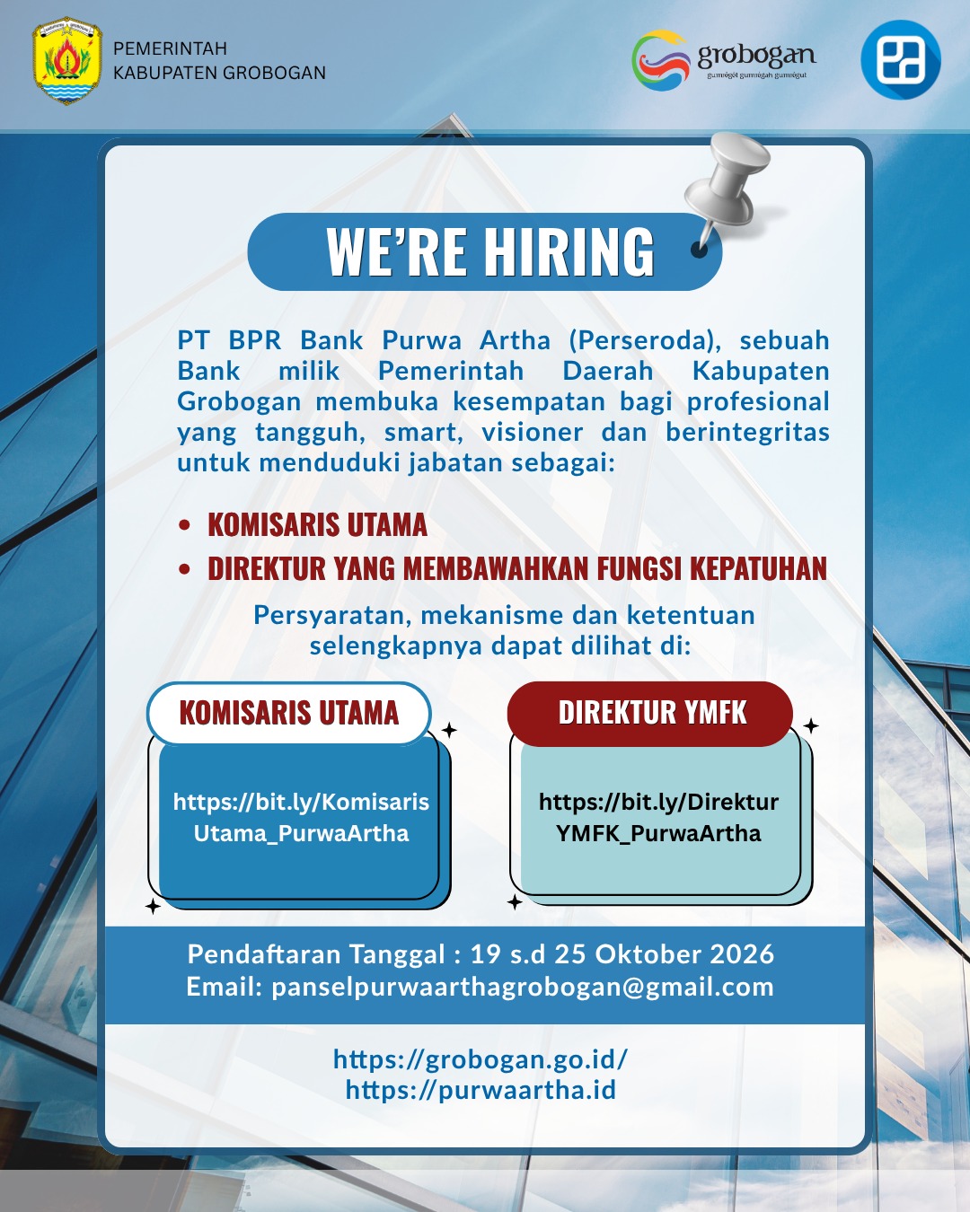 Pendaftaran Seleksi Calon Komisaris Utama Perusahaan Perseroan Daerah Bank Perekonomian Rakyat  Bank Purwa Artha Tahun 2026