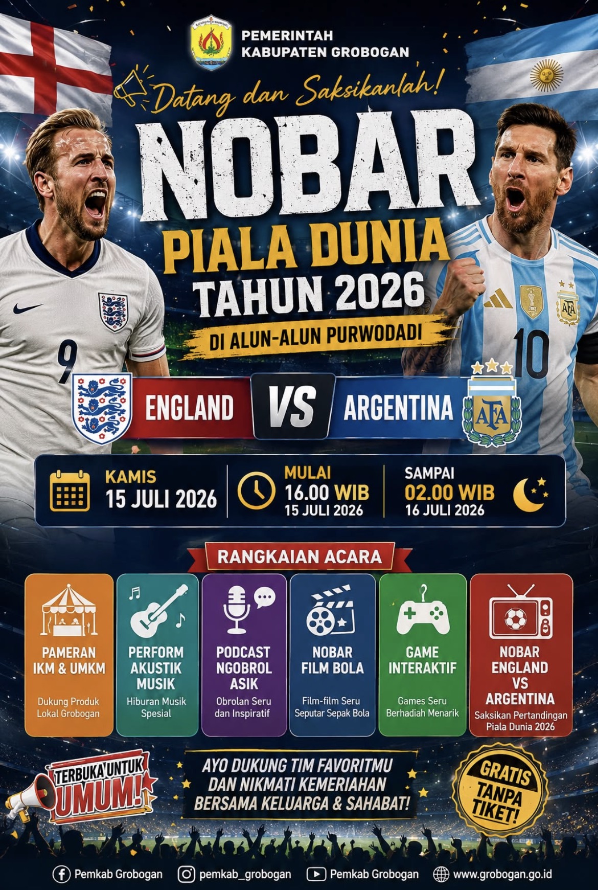 Nobar Piala Dunia 2026: England vs Argentina di Alun-Alun Purwodadi