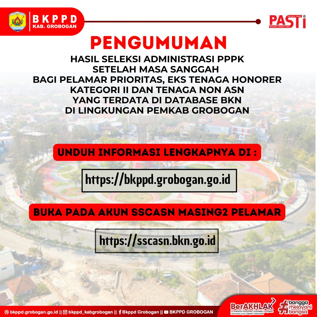 PENGUMUMAN TENTANG HASIL SELEKSI ADMINISTRASI SETELAH MASA SANGGAH PEGAWAI PEMERINTAH DENGAN PERJANJIAN KERJA (PPPK) BAGI PELAMAR PRIORITAS, EKS TENAGA HONORER KATEGORI II DAN TENAGA NON ASN YANG TERDATA DALAM PANGKALAN DATA (DATABASE) BKN