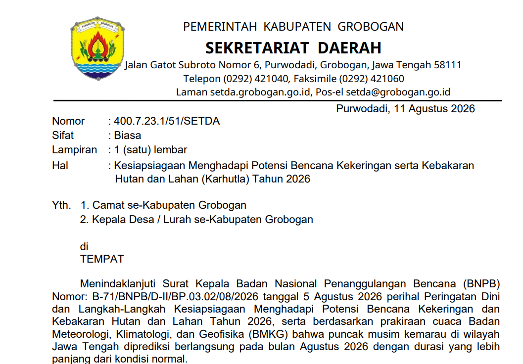 Sekda Grobogan Minta Wilayah Bersiap Hadapi Puncak Kemarau